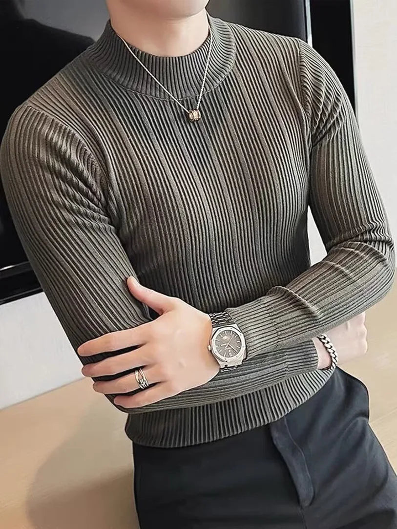 S-3XL Striped Versatile Men's Half High Neck Long Sleeve Sweater Mid Neck Slim Knit Bottom Shirt