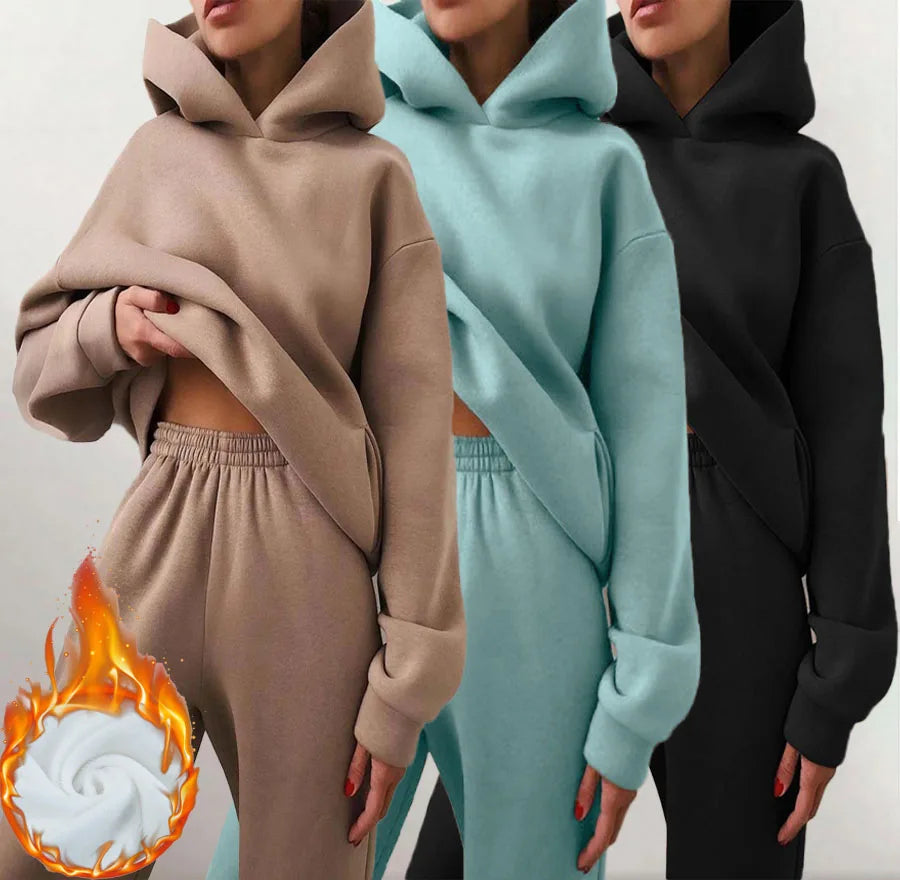Women's Tracksuit Suit Winter Fashion Warm Hoodie Sweatshirts Two Pieces Oversized Solid Casual Hoody Pullovers Long Pant Sets