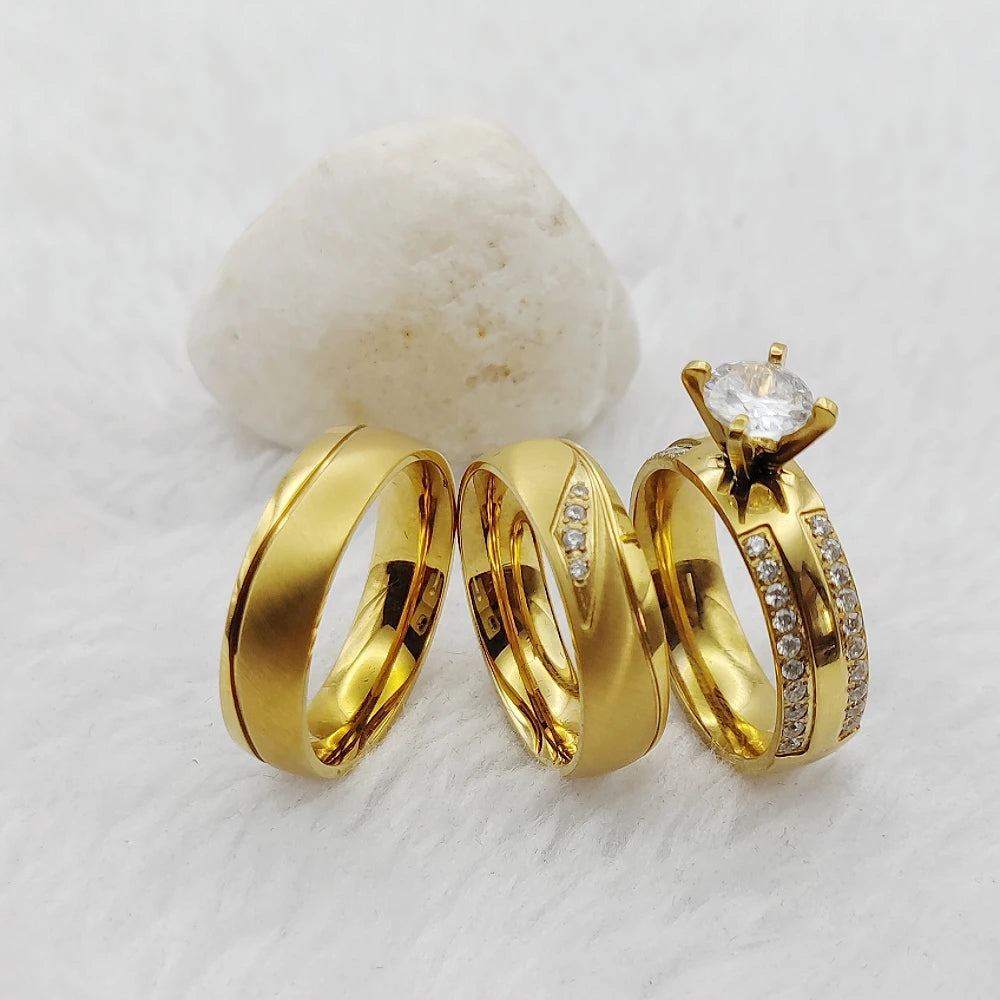 European Jewelry Luxury Alliances Bridal Set Golden Titanium Rings Western Promise Wedding Engagement Rings Couples