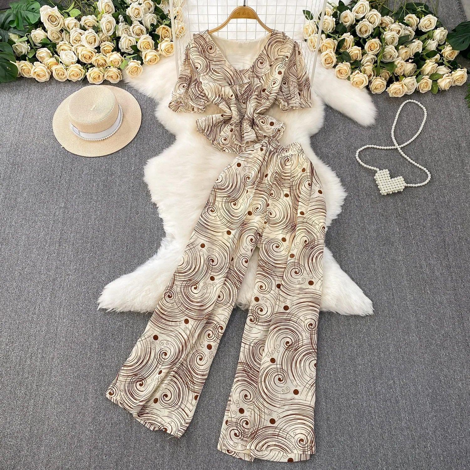 Lotus Leaf V-neck Short Sleeved T-shirt and High Waist Printed Chiffon Straight-leg Wide-leg Pants Two-piece Set