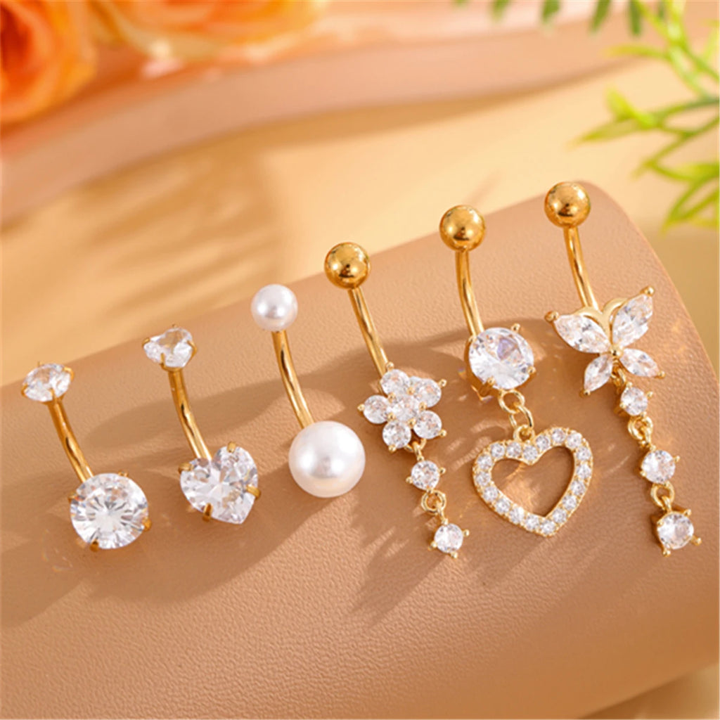 Set of 6 Gold-Plated Stainless Steel Belly Button Rings Fashion Jewelry with Pearl Heart & Hypoallergenic CZ Surgical Piercings