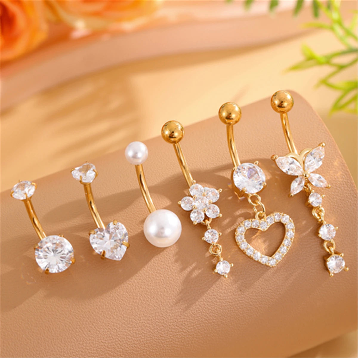 Set of 6 Gold-Plated Stainless Steel Belly Button Rings Fashion Jewelry with Pearl Heart & Hypoallergenic CZ Surgical Piercings