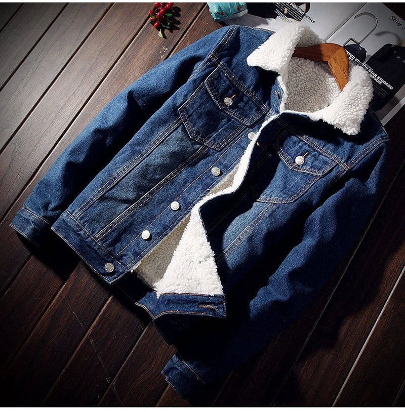 Men's Winter Warm Berber Fleece Denim Jacket Slim Fit Thicken Coat Outerwear Black Blue