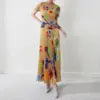 High Quality Miyake Women's Printed Pleated Skirt and Elastic O-Neck Top Loose Ankle-Length Two-Piece Set