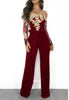 OEM ODM Women Clothing Elegant Overalls Off Shoulder Slash Neck Embroidery Lace Office Casual Jumpsuit
