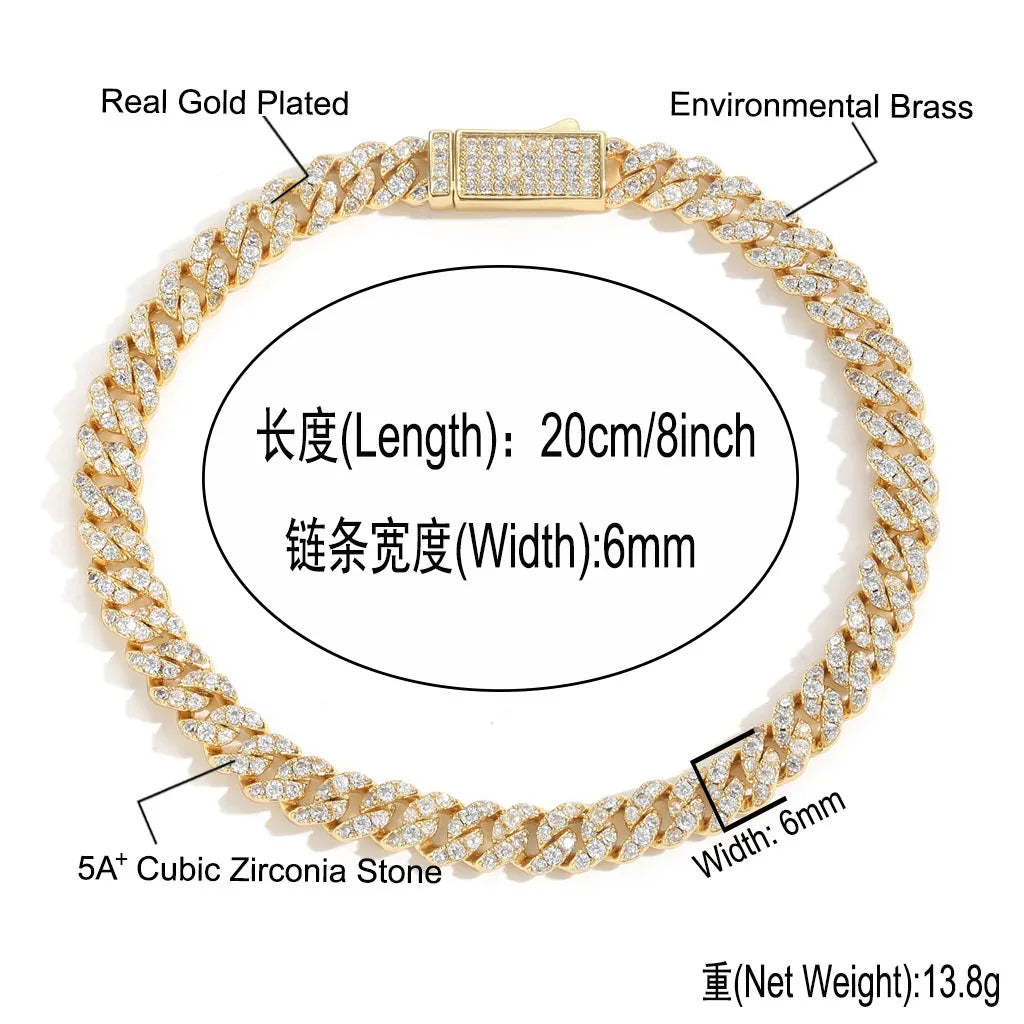 BES 6MM Hip Hop Bracelet Cuban Chain Spring Buckle Single Row Zircon Cuban Bracelet for Men Hip Hop Jewelry
