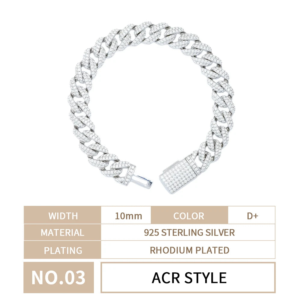 Custom Luxury 12 16 20 mm Full Iced Out Hiphop Moissanite Diamond Miami Silver Cuban Link Chain Bracelet in Silver 925 for Men