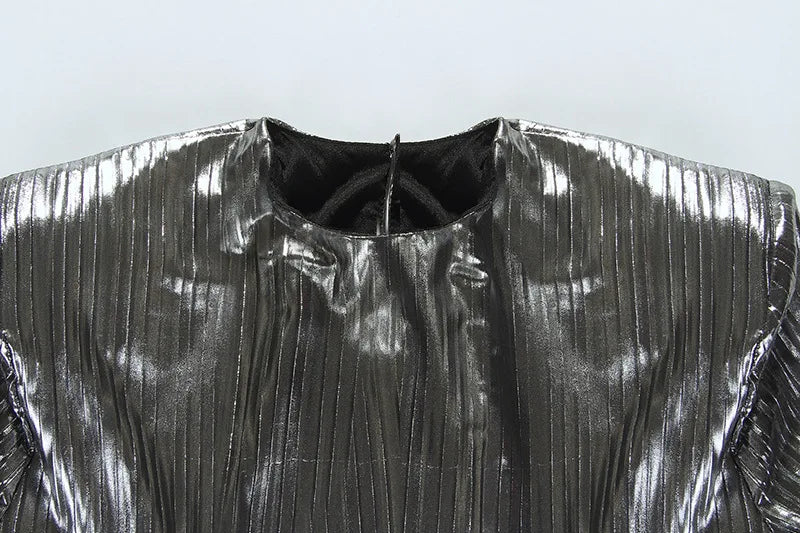HIGH Quality 2026 Fashion Women's Sexy Luxury Glitter Flare Long Sleeve Belted Pleated Mini Party Dress