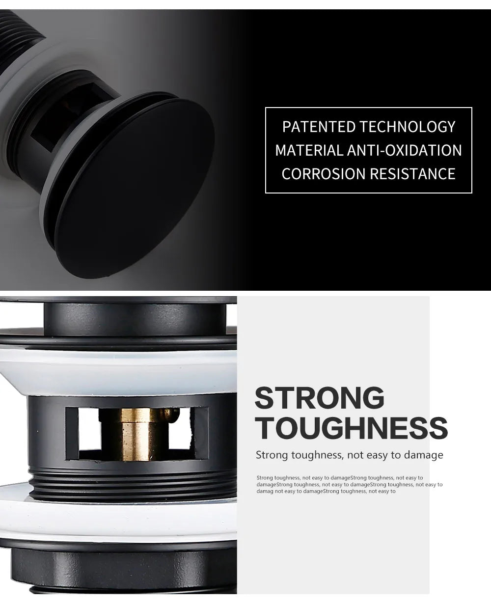 Bathroom Basin Gunmetal Pop-Up Drain Waste Stopper Sink Accessories Solid Support Round Bathtub Brass Flush Drain