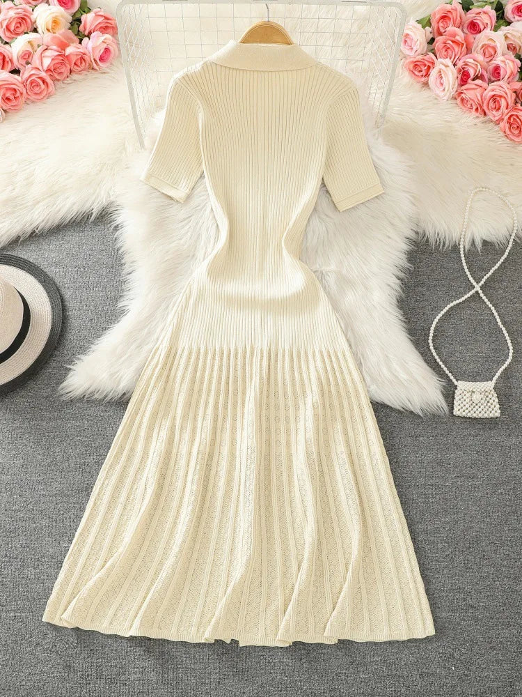 Button Lapel Slim Fit Knitted Short Sleeve Collar Wholesale Sweater Rib Slim Ruffles Polo Casual Elegant Long Dress Women