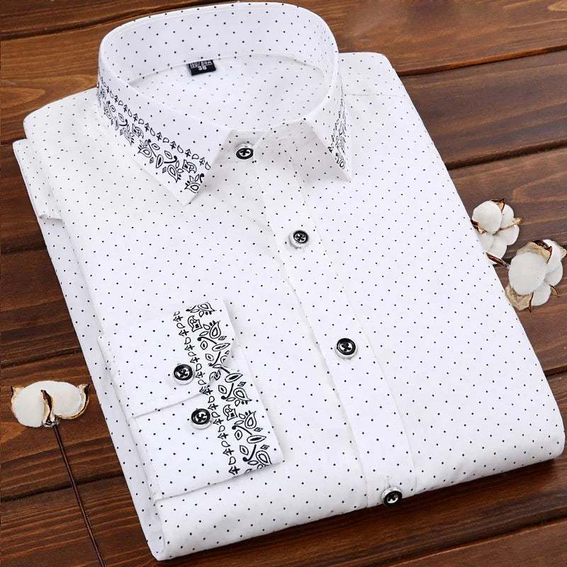 Men Fashion Spring Autumn New Style Printing Shirts Long Sleeve Lapel Collar Button Slim Tops Clothes Casual Shirt