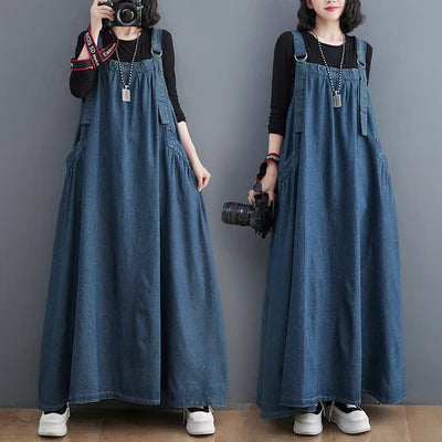 Boutique Wholesale 2026 Spring and Summer New Suspender Long Dress Loose and Thin Denim Belt Dress Large Swing Dress
