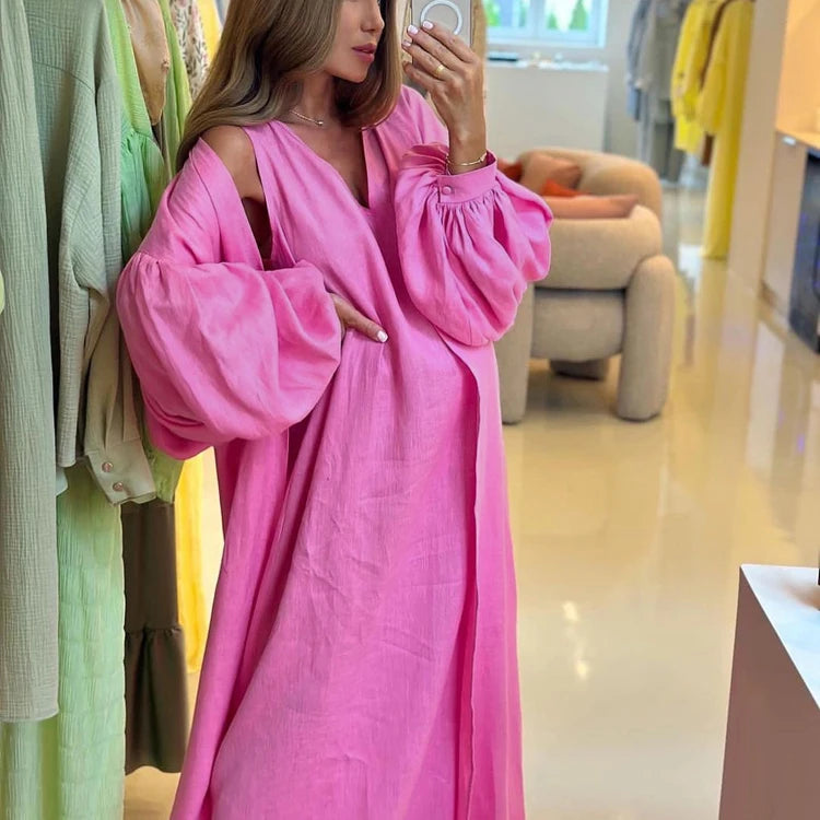 Plain Cotton Linen Women's Two-Piece Set V Neck Tank Dress And Belted Puff Sleeve Abaya Musulmane Ensembles Robe Pour Femmes