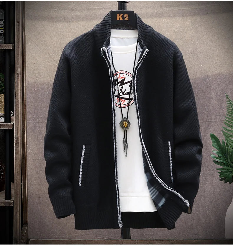 Autumn Winter Men's Sweaters Hooded Knit Cardigan Korean Sweaters Jacket Fleece Lined Hoodies Windbreaker Coat