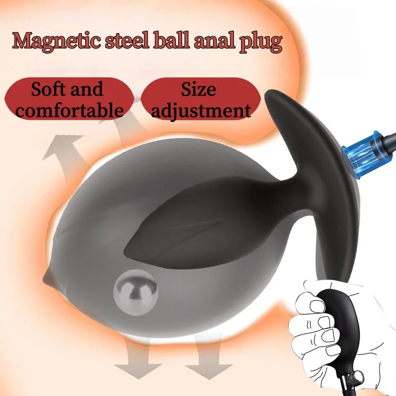 OEM Magnetic Suction Inflatable Anal Plug with Built-in Ball Bearings, for Anal Development and Expansion, and Prostate Massage