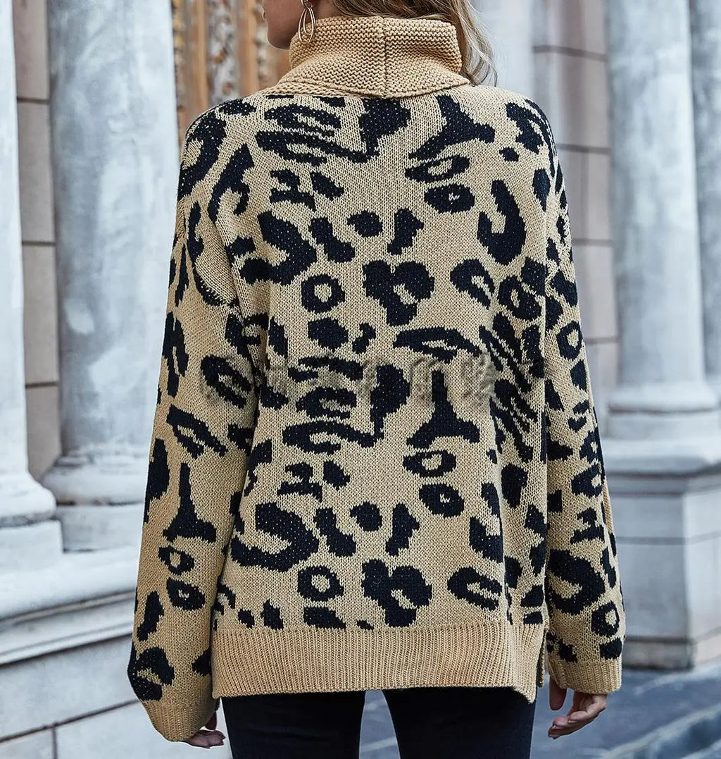 S-XL Turtleneck Sweater for Women Pullover Autumn Casual Fashion Leopard Print Tops Knitted Crochet