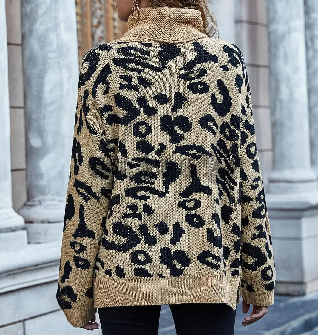S-XL Turtleneck Sweater for Women Pullover Autumn Casual Fashion Leopard Print Tops Knitted Crochet