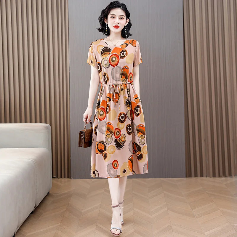 Women Floral Printed Summer Dresses O-neck Short Sleeve Fashion Printing Women's Simple Flower A-line Casual Dress