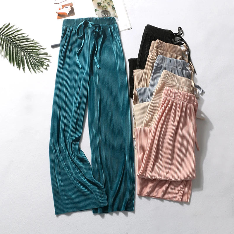 Women Fashion Summer Wide Leg Pants Pleated Ice Silk Trousers Elastic Waist Loose Casual Classic Base Girls Gifts Wear Pants