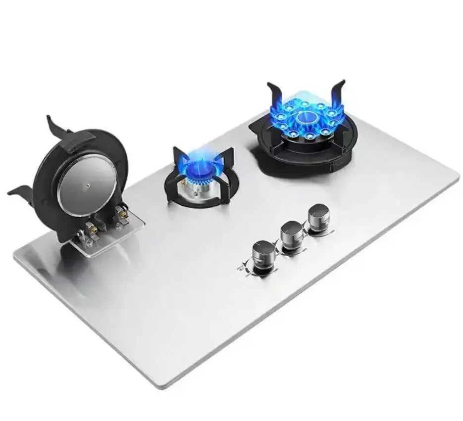 3-Burner Built-In Portable Gas Stove With 3+3+1.75kW Power, Tempered Glass for Household Use