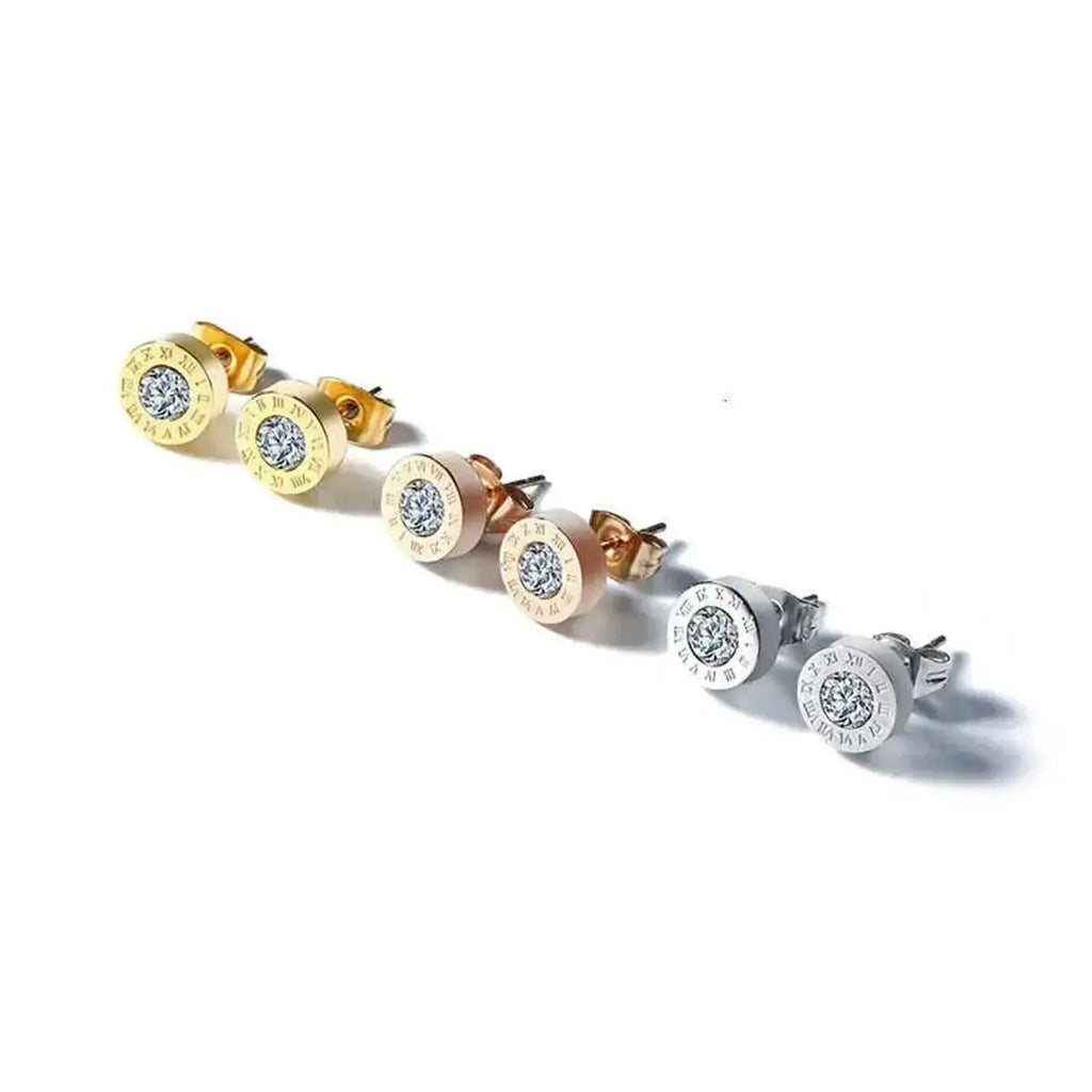 Fashion Chic Stainless Steel  Crystal Stud for Women Men Jewelry Vintage Roman Numerals Small Earring