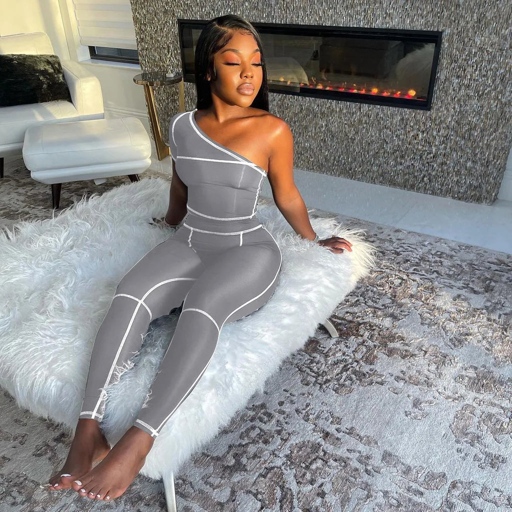 Custom Logo Private Label Sleeveless One Shoulder Jumpsuit Striped Bodycon Jumpsuit Pants