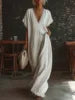 Large-size European Casual Elegant Comfortable Straight Summer Solid Natural Waist Worsted Lace-edge Loose Floor-Length Dress