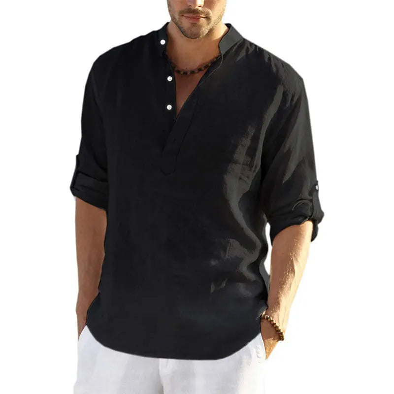 New Men's Casual Blouse Shirt Loose Tops Long Sleeve Tee Shirt Handsome Men's Cotton Slim Fit Linen Shirts