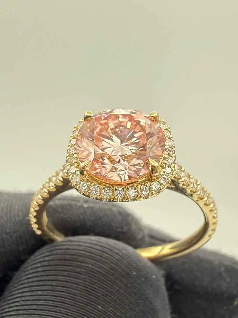 Luxury 8CT Pink Lab Grown Cut Diamond Engagement Ring IGI Certified VS1 Clarity 14K Yellow Gold Rhodium Plated Vintage Fine