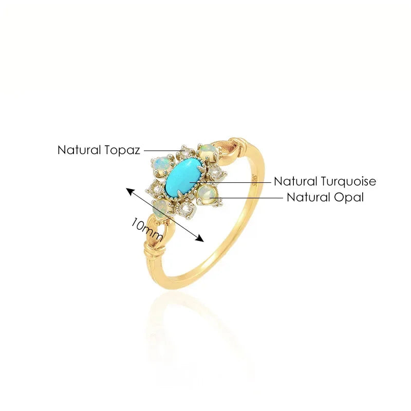 Vintage Gemstone Rings for Women Natural Opal Topaz Turquoise Ring 925 Sterling Silver Gold Plated Luxury Jewelry LAMOON