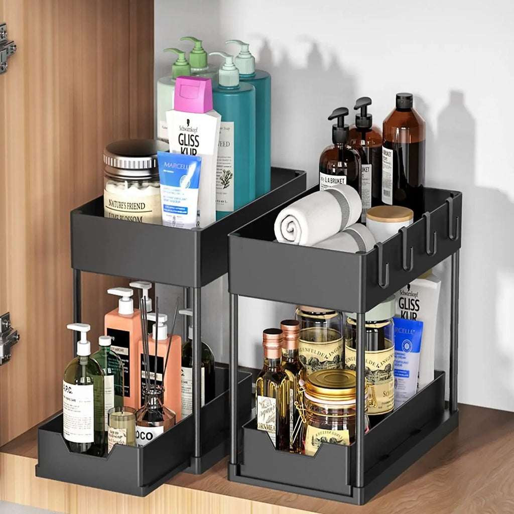 Sliding Drawer Dish Drying Rack Expandable Adjustable Utensil Organizer with Drain Tray for Kitchen Sink