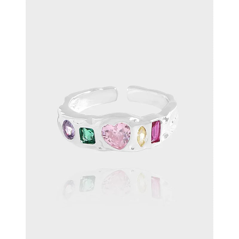 Fashion Wild Geometric Different Shape Colorful Zircon Paved Wedding 925 Sterling Silver Open Finger Rings