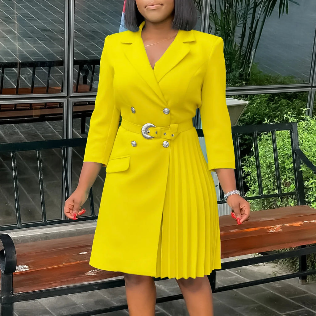 D3284 Custom Ladies Office Dresses Women Casual Long Sleeve V-neck Pleated Women Dresses for Office Work Formal Suit Dress