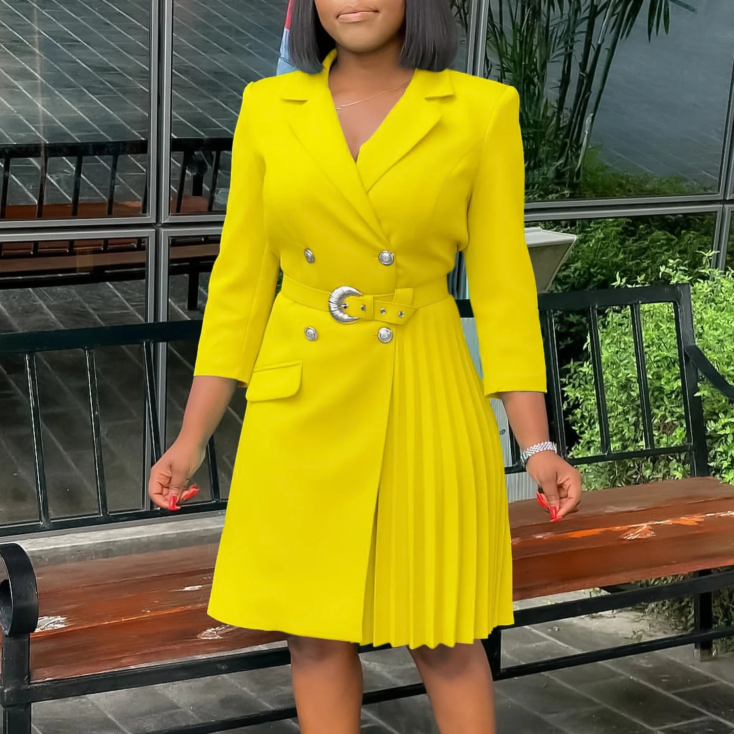 D3284 Custom Ladies Office Dresses Women Casual Long Sleeve V-neck Pleated Women Dresses for Office Work Formal Suit Dress