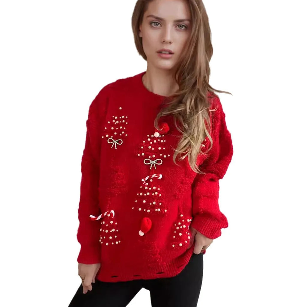 Handmade Pearl Diamond Trims Christmas Sweater Plush New Year Red Pullover Sweaters for Women Towel Embroidery