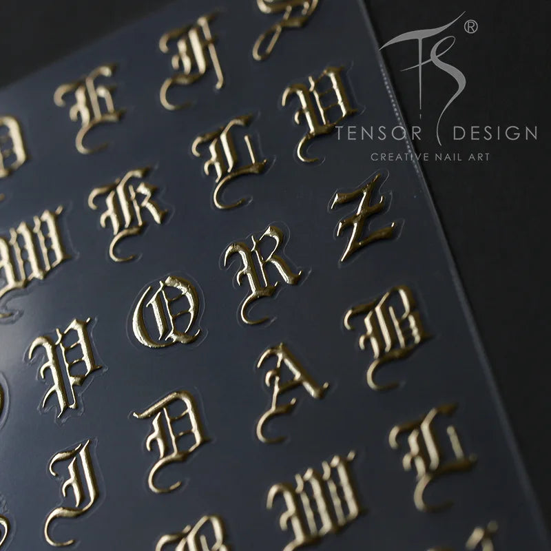 2D Laser Nail Stickers New Embossed Gold Foil Nail Decals Gothic Letter Rose Gold Nail Art Stickers