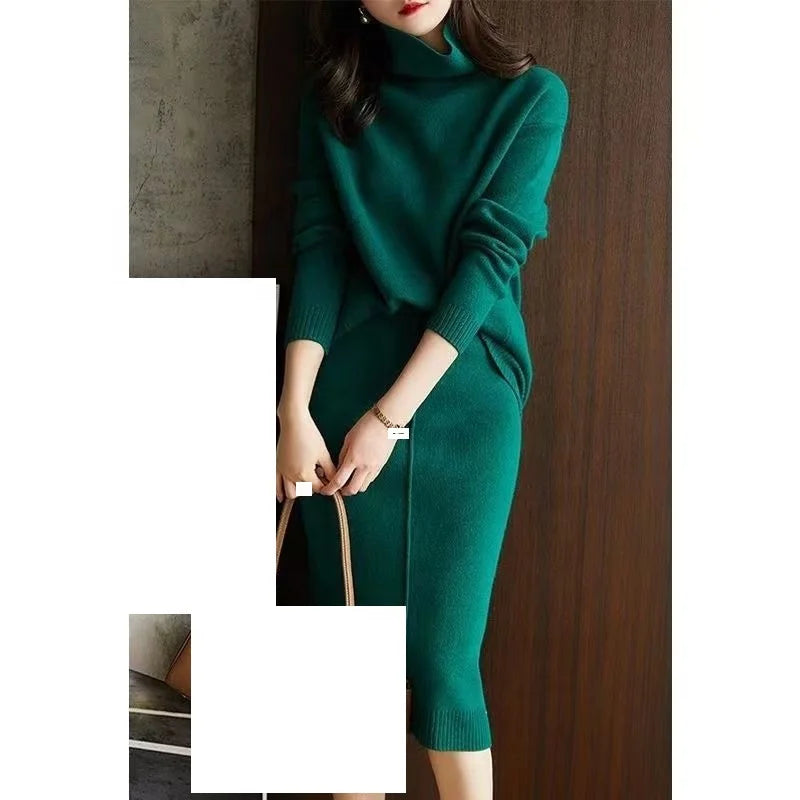 Fashion Temperament Fashion Knitwear Women's Autumn Winter Loose Sweater Skirt High Neck Two-piece Set