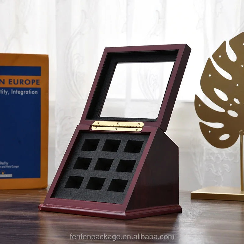 Wooden Trapezoid Display Case for Championship Rings Angled Multi-Slot Organizer for Basketball, Football Game Souvenir Rings