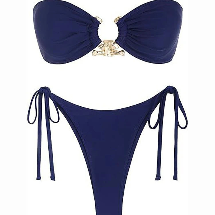 Off Shoulder Sexy 2 Piece Bikini Metal Ring Bathing Swimsuit Mini Beach Swimwear Thong Beach Wear