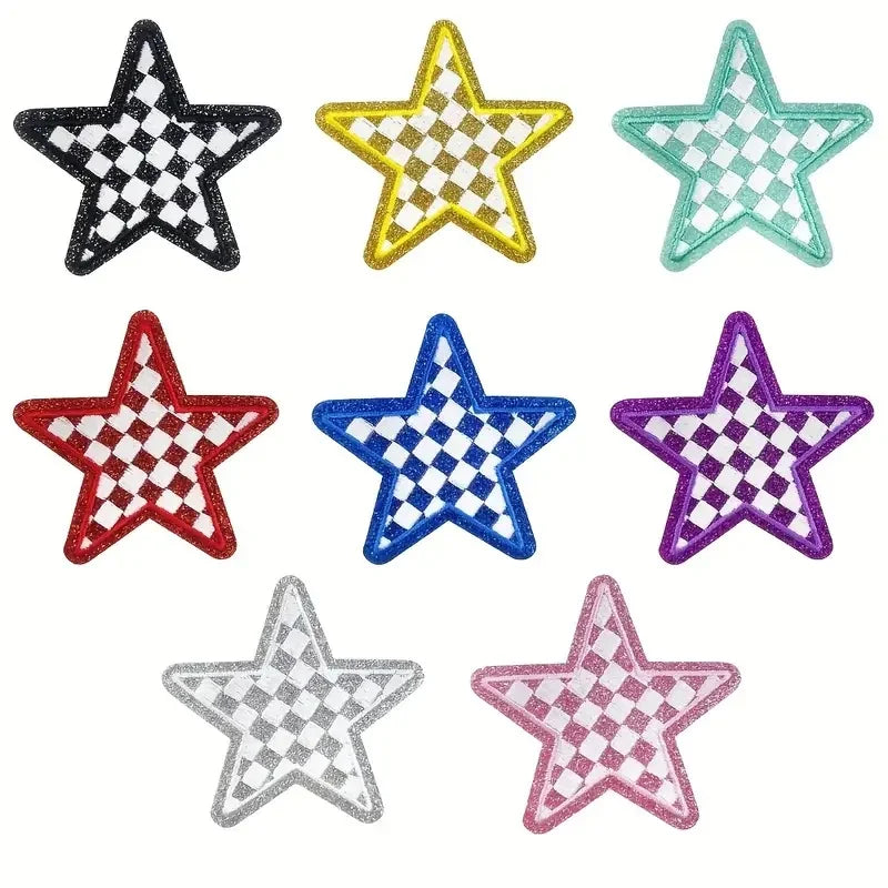8 Pcs Glitter Star Iron on Patch Set Checkered Sequin Applique Embroidery DIY Badge for Clothes Backpack Hat Jacket Decor