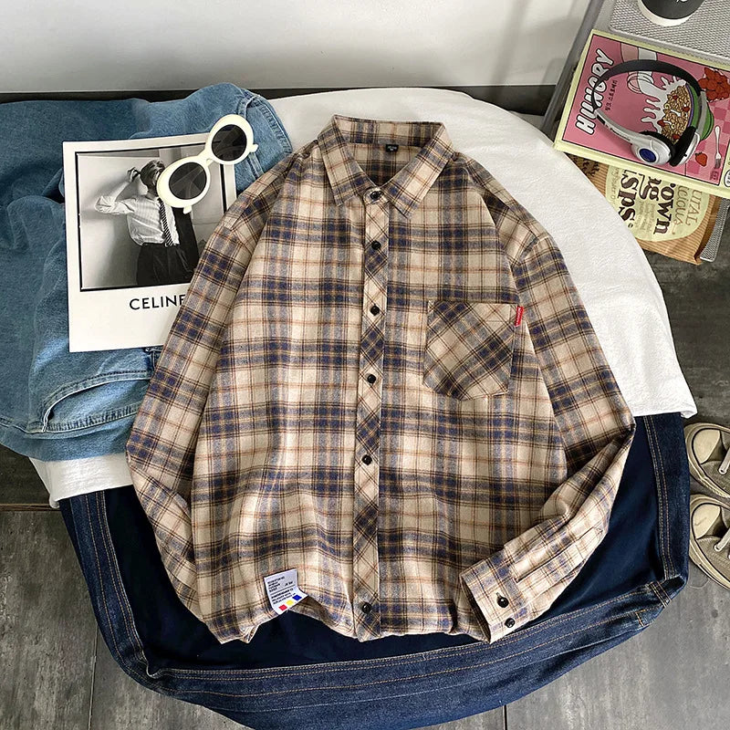 Men Shirt Plaid Flannel Long Sleeve Plus Size Loose Hip Hop Street Mens Casual Shirt Oversized Male Soft Dress Shirt Dropshippig