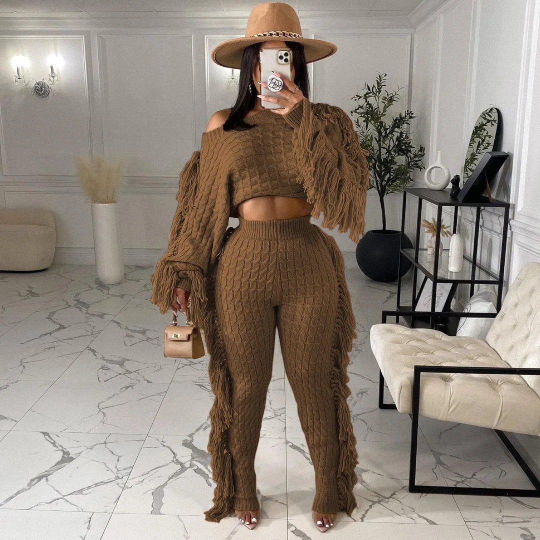 2025 Fall Winter Plus Size Women Clothing Long Sleeve Crop Top Two Piece Pants Set Drawstring Tassel Fringe Pants 2 Piece Set