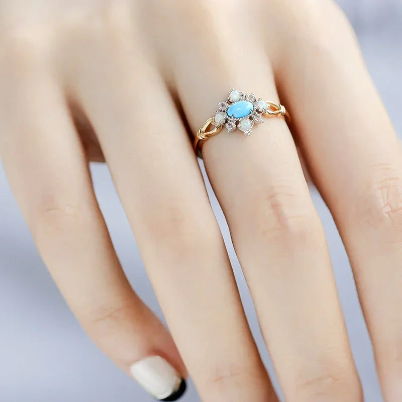 Vintage Gemstone Rings for Women Natural Opal Topaz Turquoise Ring 925 Sterling Silver Gold Plated Luxury Jewelry LAMOON