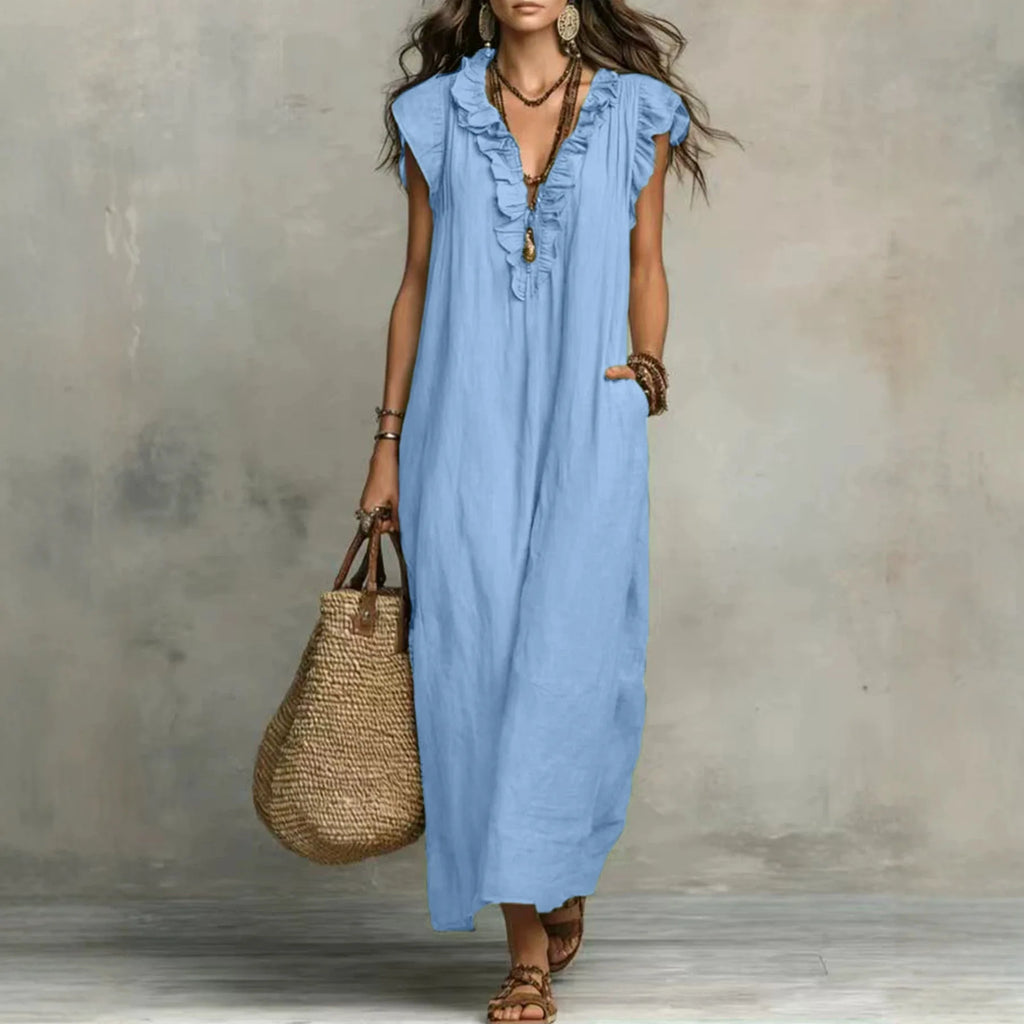 Bohemian Style Ruffle Trim Maxi Dress Women Casual Loose Summer Linen Dress