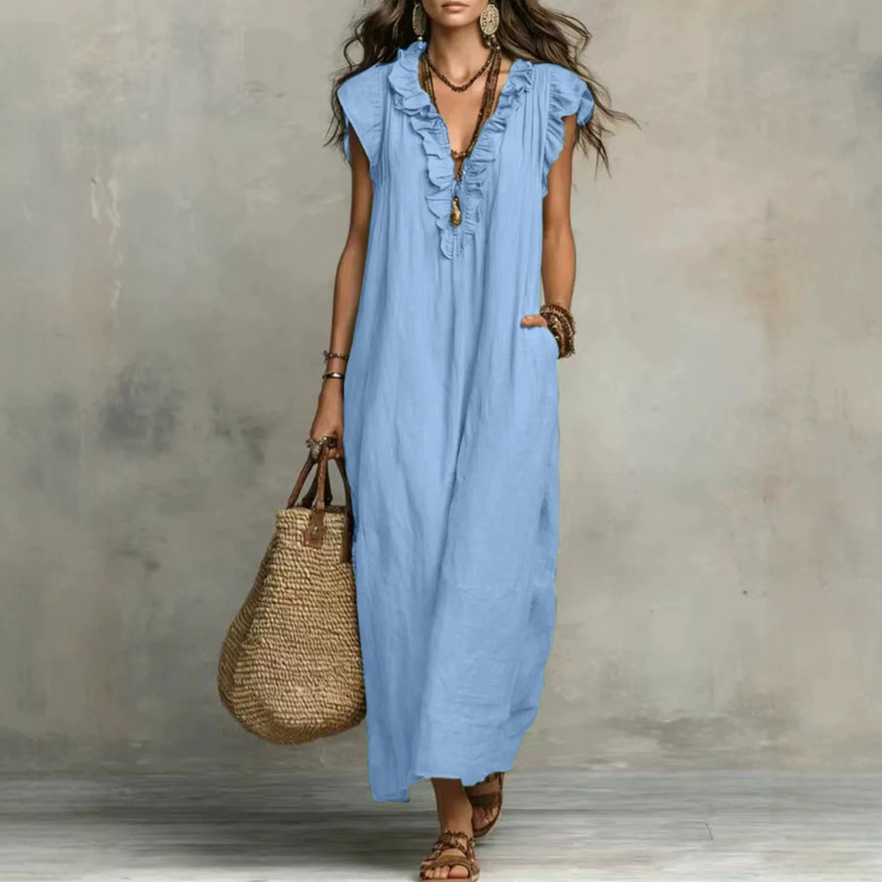 Bohemian Style Ruffle Trim Maxi Dress Women Casual Loose Summer Linen Dress