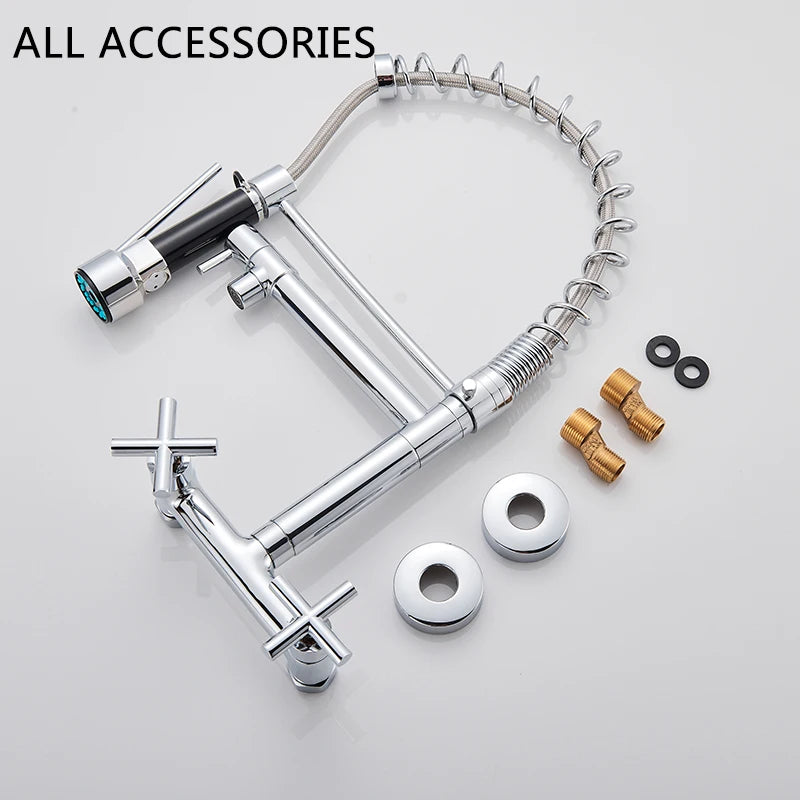 Chrome Spring Kitchen Faucet 360 Rotation Pull Down Hand Sprayer with Buckle Kitchen Taps Wall Mounted Cold Hot Water Mixer Taps