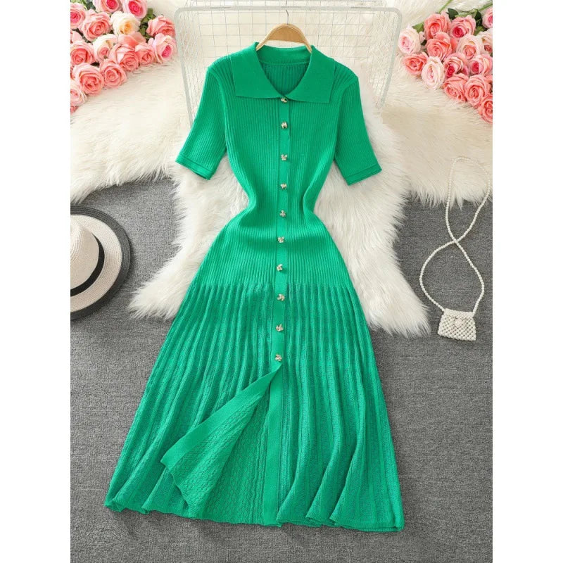 Button Lapel Slim Fit Knitted Short Sleeve Collar Wholesale Sweater Rib Slim Ruffles Polo Casual Elegant Long Dress Women