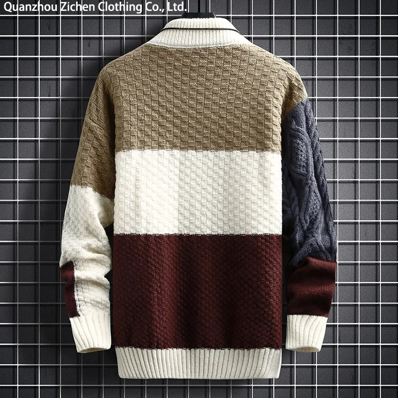 2023 Autumn and Winter New Sweater Warm Fashion Stitching Color Matching Pullover Round Neck Sweater Thickened Knitted Sweater