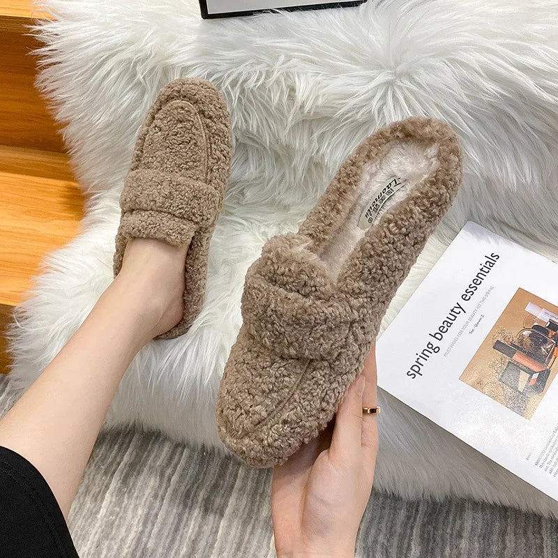 Winter Warm Plush Mules Women One Band Fur Slippers Cozy Cotton Shoes Woman Flats Cover Toe Fleeces Slides Femme Wool Pantuflas