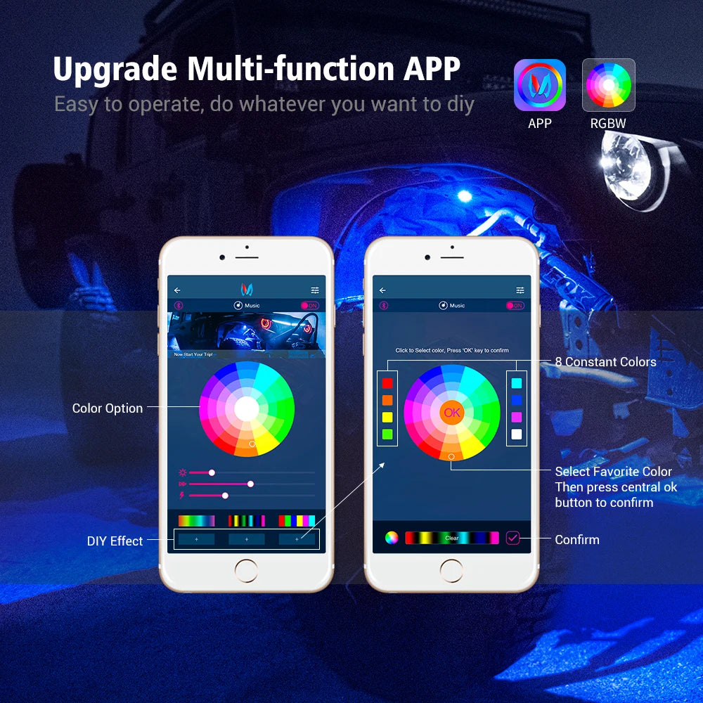 MICTUNING RGBW LED Rock Lights with Bluetooth Controller, Timing Function, Music Mode - C1 4Pods Multicolor Neon LED Light Kit